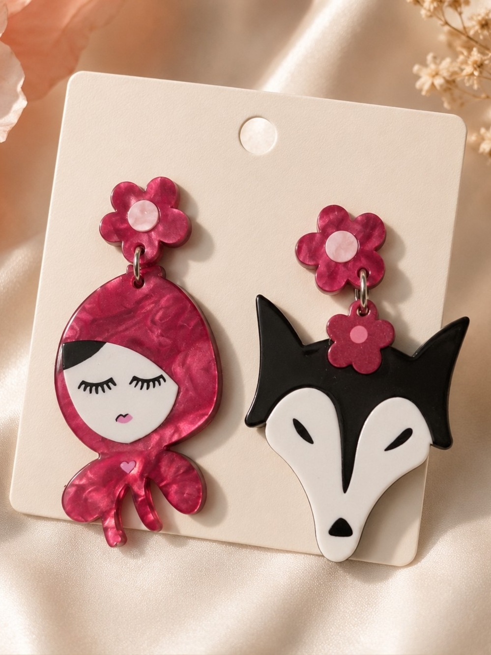 Little Red Riding Hood & Big Bad Wolf Acrylic Statement Dangle Drop Earrings New